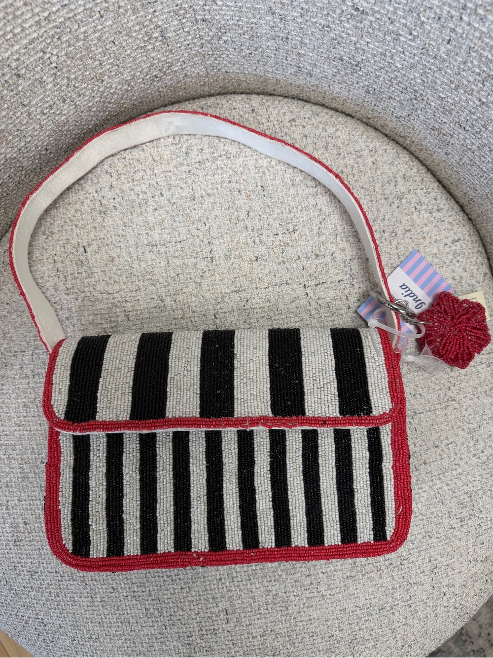 Beaded Striped Shoulder Bag in Black, White & Red